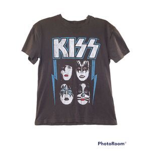 Kiss Band T-Shirt Top Juniors' Gray White Blue Retro Dynasty Album Logo Size S